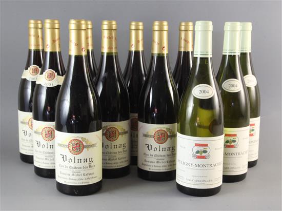 Eight bottles of Volnay Clos Du Chateau Des Ducs, 2001 and three bottles of Puligny-Montrachet, 2004.